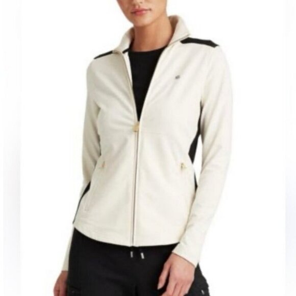 Lauren Ralph Lauren Cream Zip Active Jacket Rust Brown Trim Size Large - Picture 1 of 9